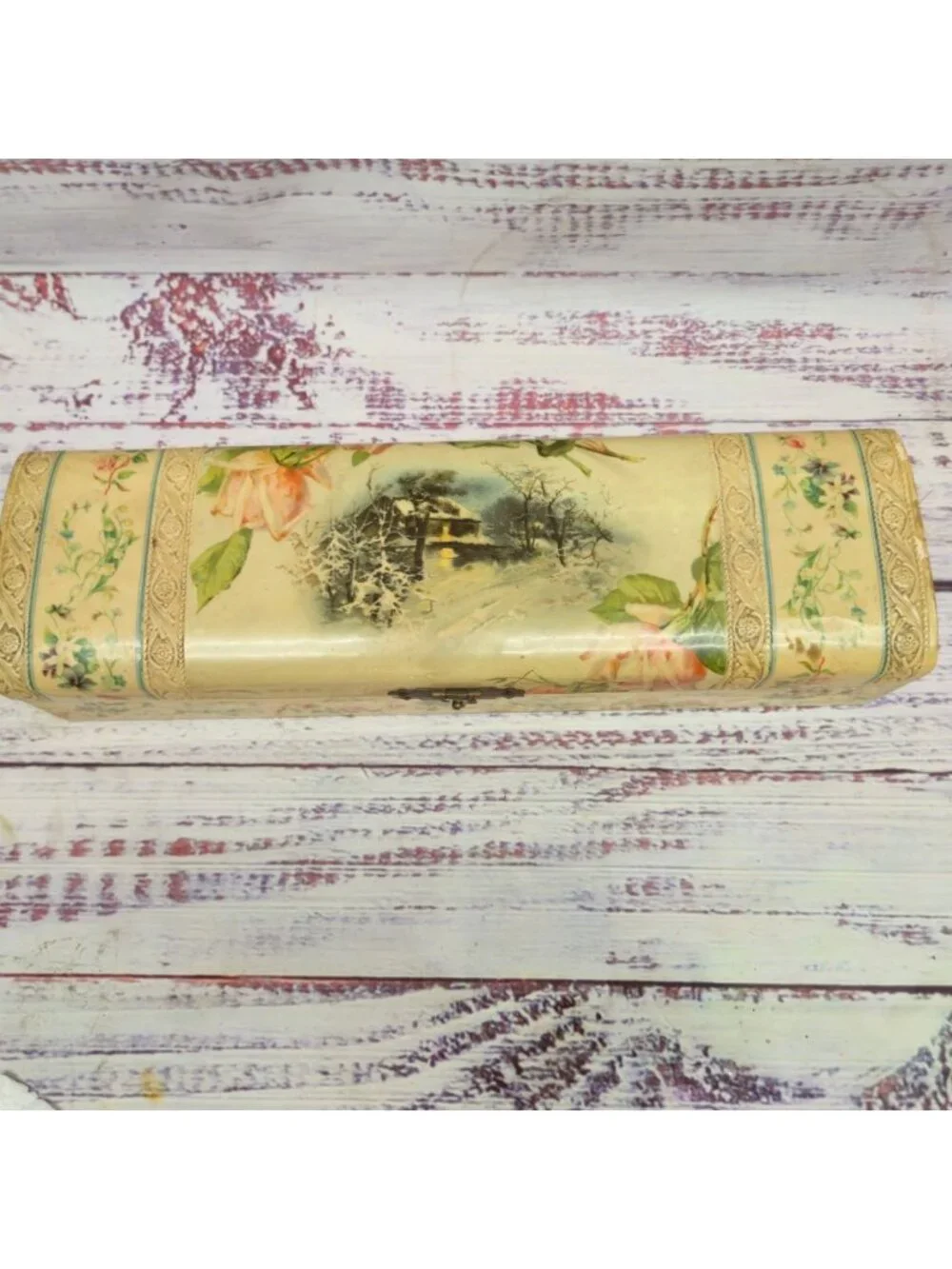 Antique Victorian Celluloid Glove Box Floral & Winter Lithograph Ornate Lock